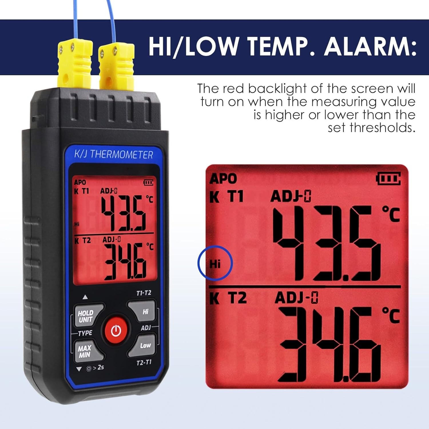 Professional Dual-Channel K/J Thermocouple Thermometer, Range -328°F to 2501°F