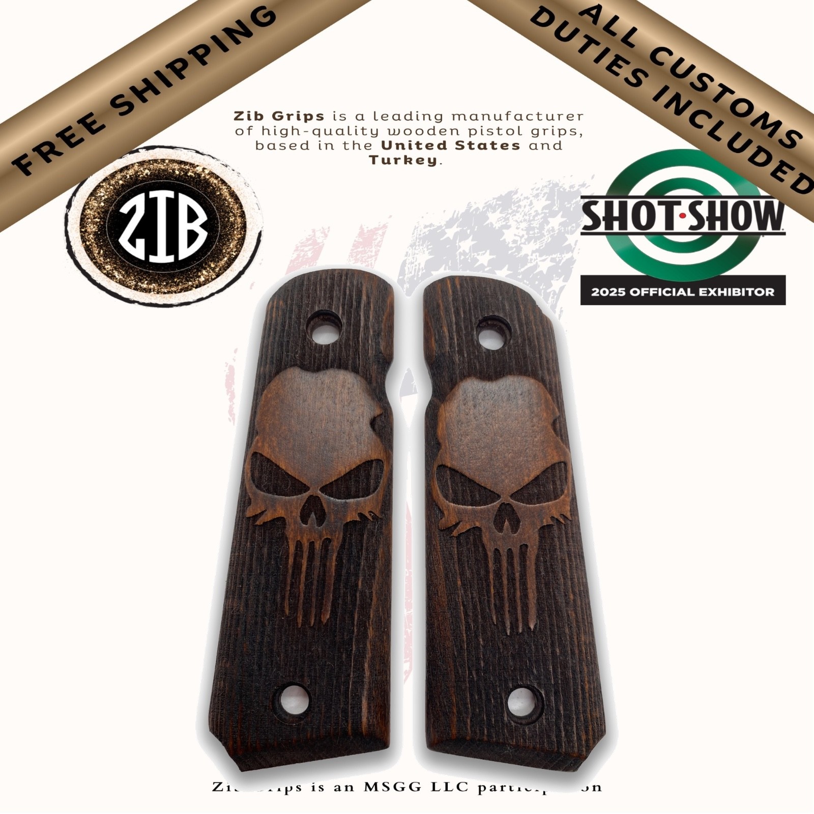 ZIB Grips Skull Beech Wood 1911 Full Size Brown Panels for Colt Kimber Regent