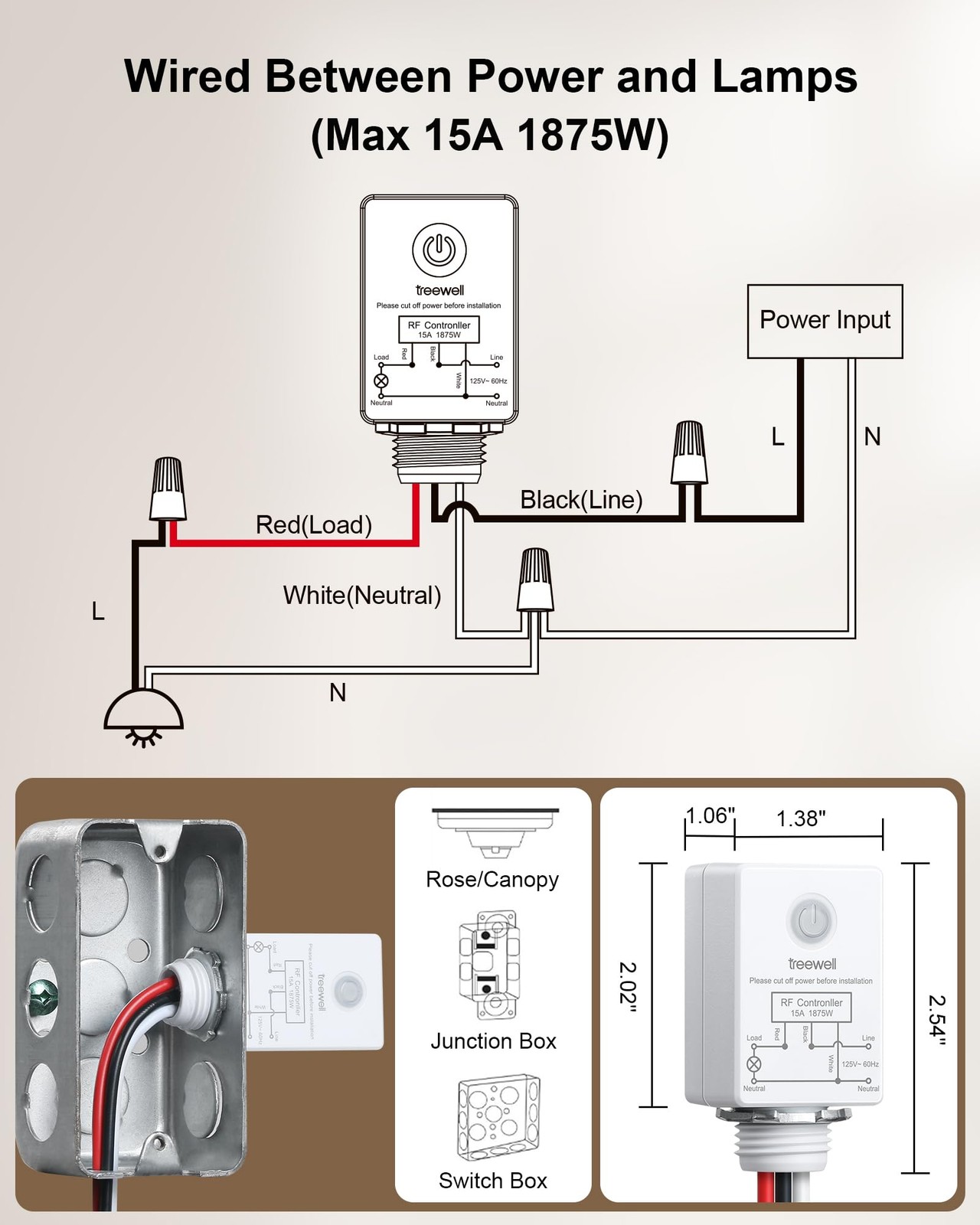 Wireless Light Switch and Receiver Kit, Decorator Rocker Wall Switch, 15A Hig...