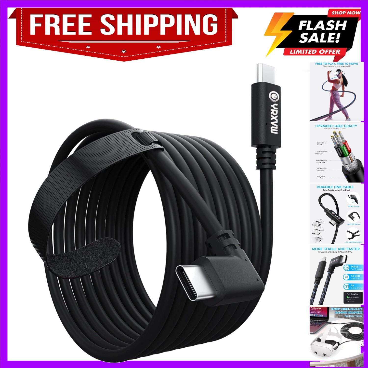 Link Cable 16FT for Meta/Oculus Quest 3S/Quest 3/Quest 2/Pro Accessories, Hig...