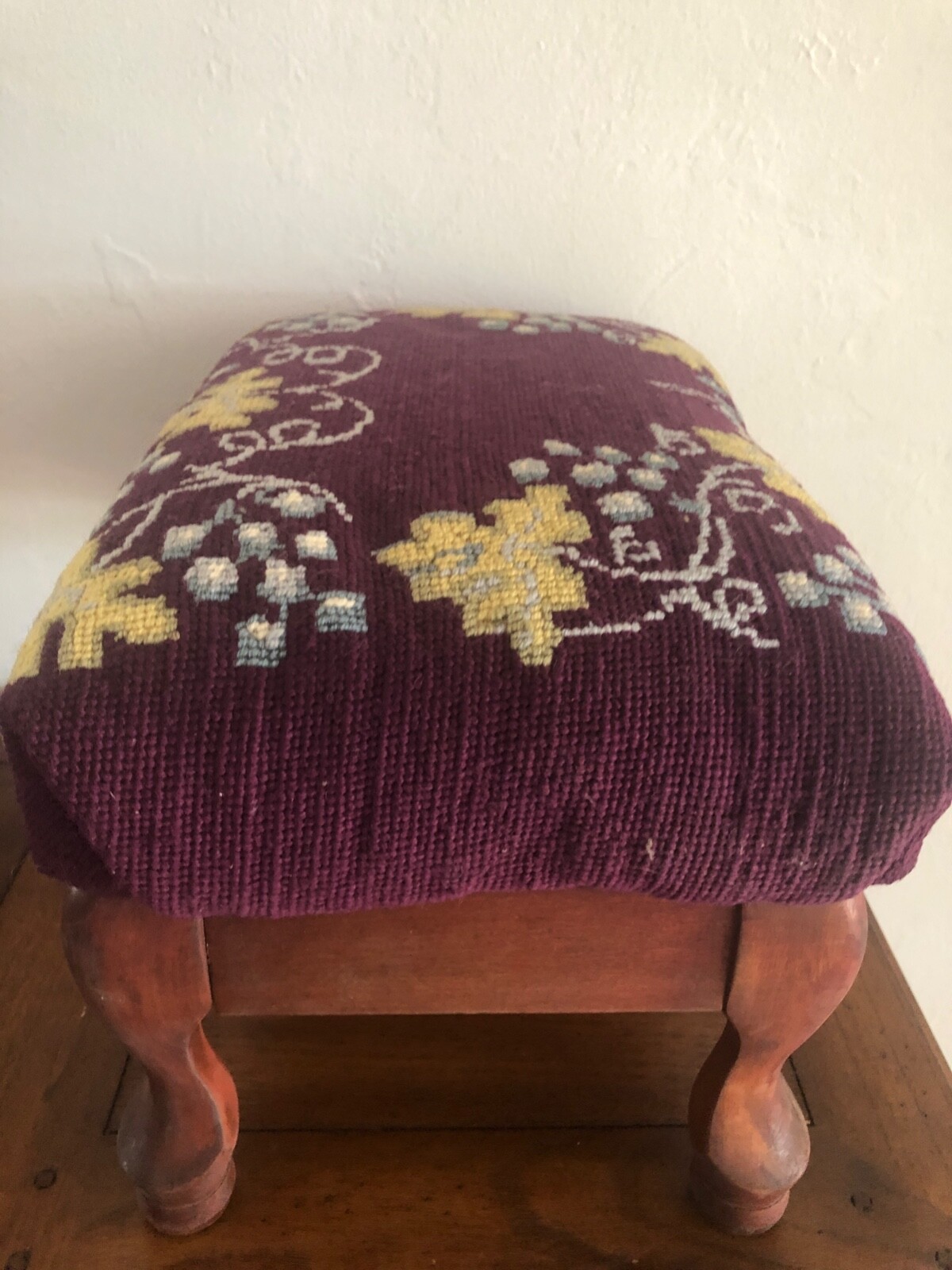 Antique Foot Stool Needlepoint Grapes & Leaf on Plum Background Wool 10" Tall