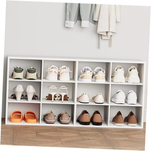 12-Cubby Shoe Rack, 3-Tier Wood Shoe Organizer, Multifunctional Shoe White