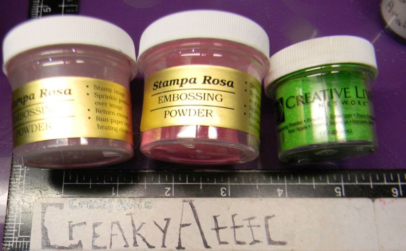 PINK ROSE PUFF GREEN APPLE 3 EMBOSSING POWDERS STAMPA ROSA CREATIVE #543 CREAKYA