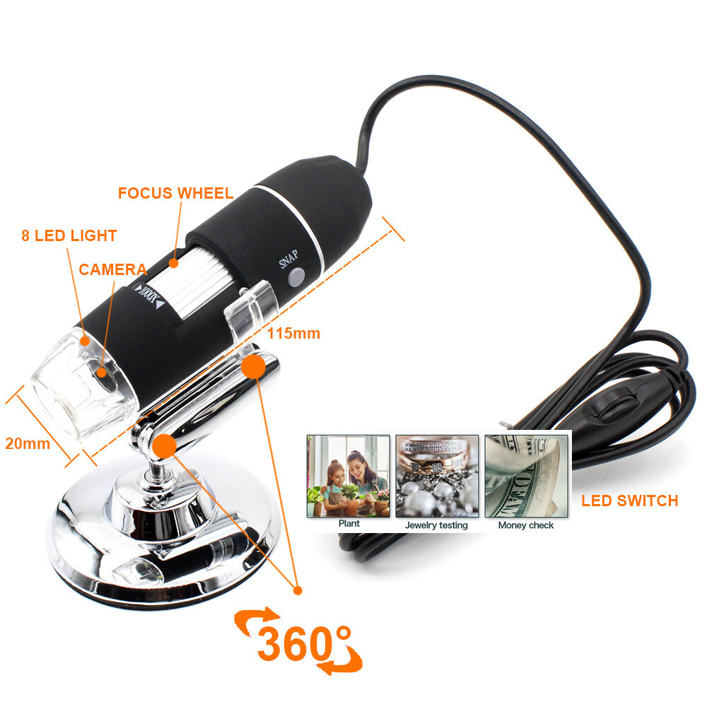 1600X 8LED 2MP USB Digital Microscope Endoscope Zoom Camera Magnifier With Stand