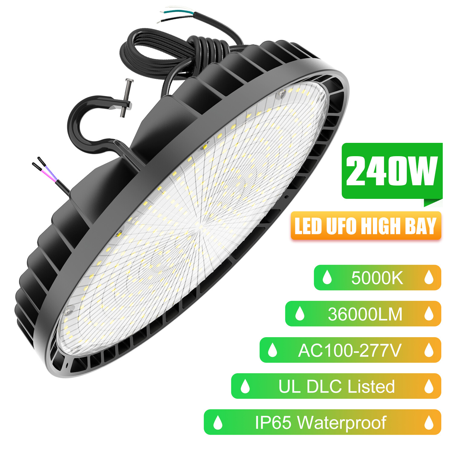 KUKUPPO 240W 5000K LED High Bay Shop Lights Garage GYM Warehouse Area Lighting