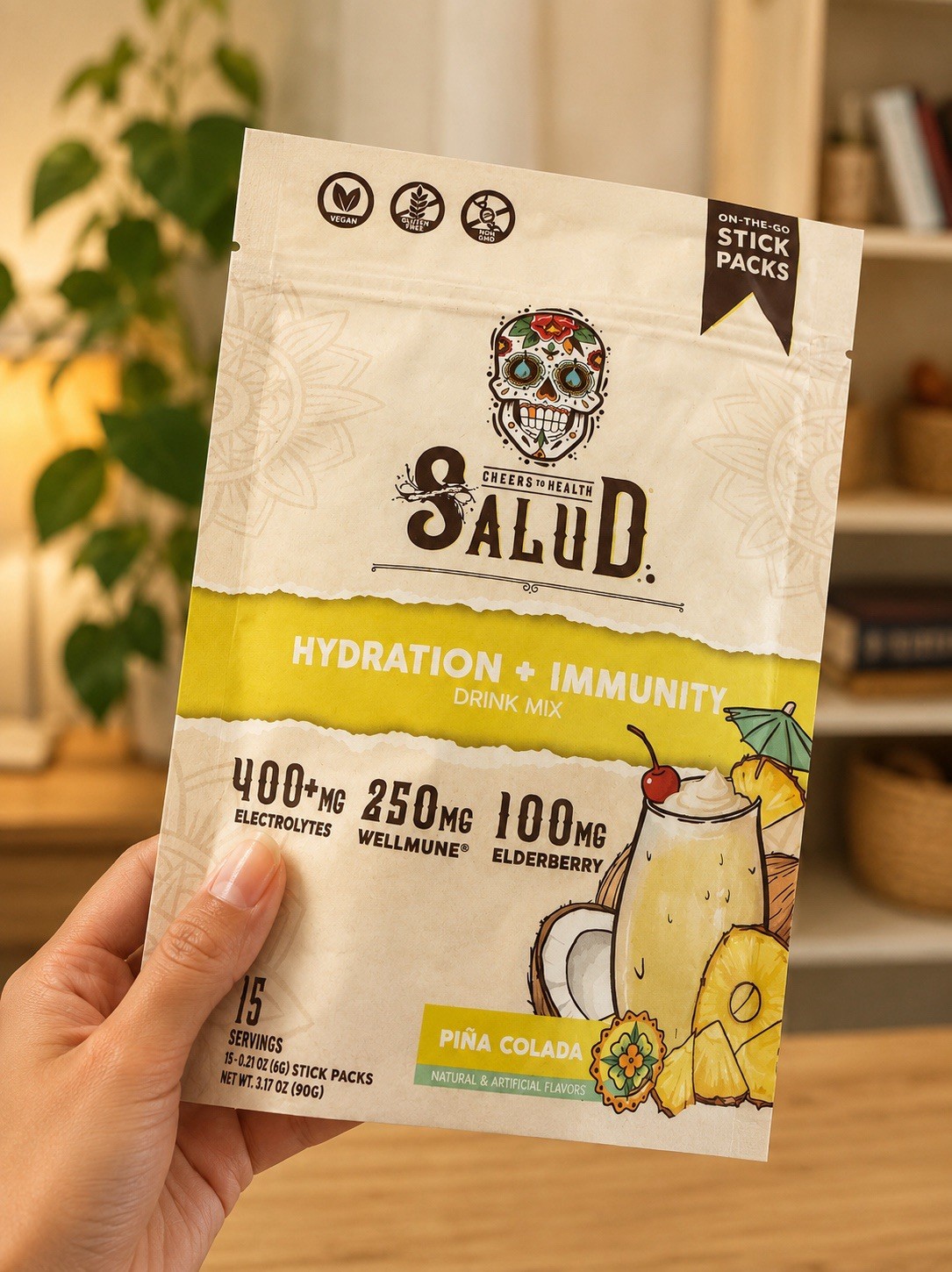 Salud Hydration + Immunity Electrolyte Drink Mix Sticks Piña Colada Elderberry