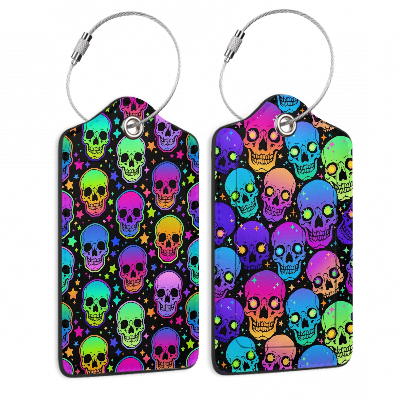 Neon Bright Human Skulls 2 PCS Luggage Tags, Privacy Cover ID Label with Stai...