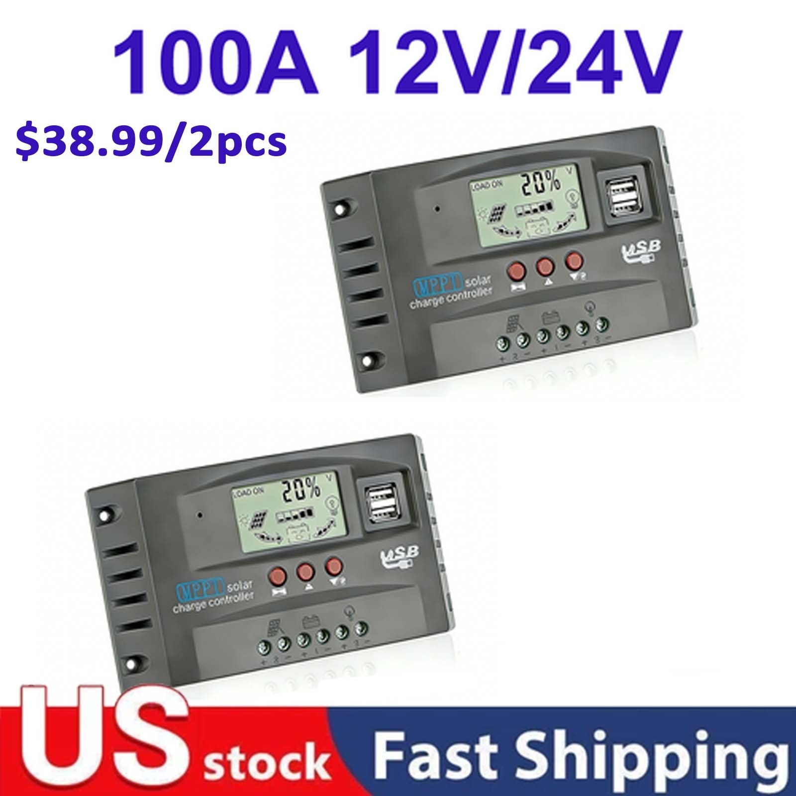 2pcs 100A  Solar Charge Controller 12/24V Auto LCD&USB for LiFePO4/AGM/GEL