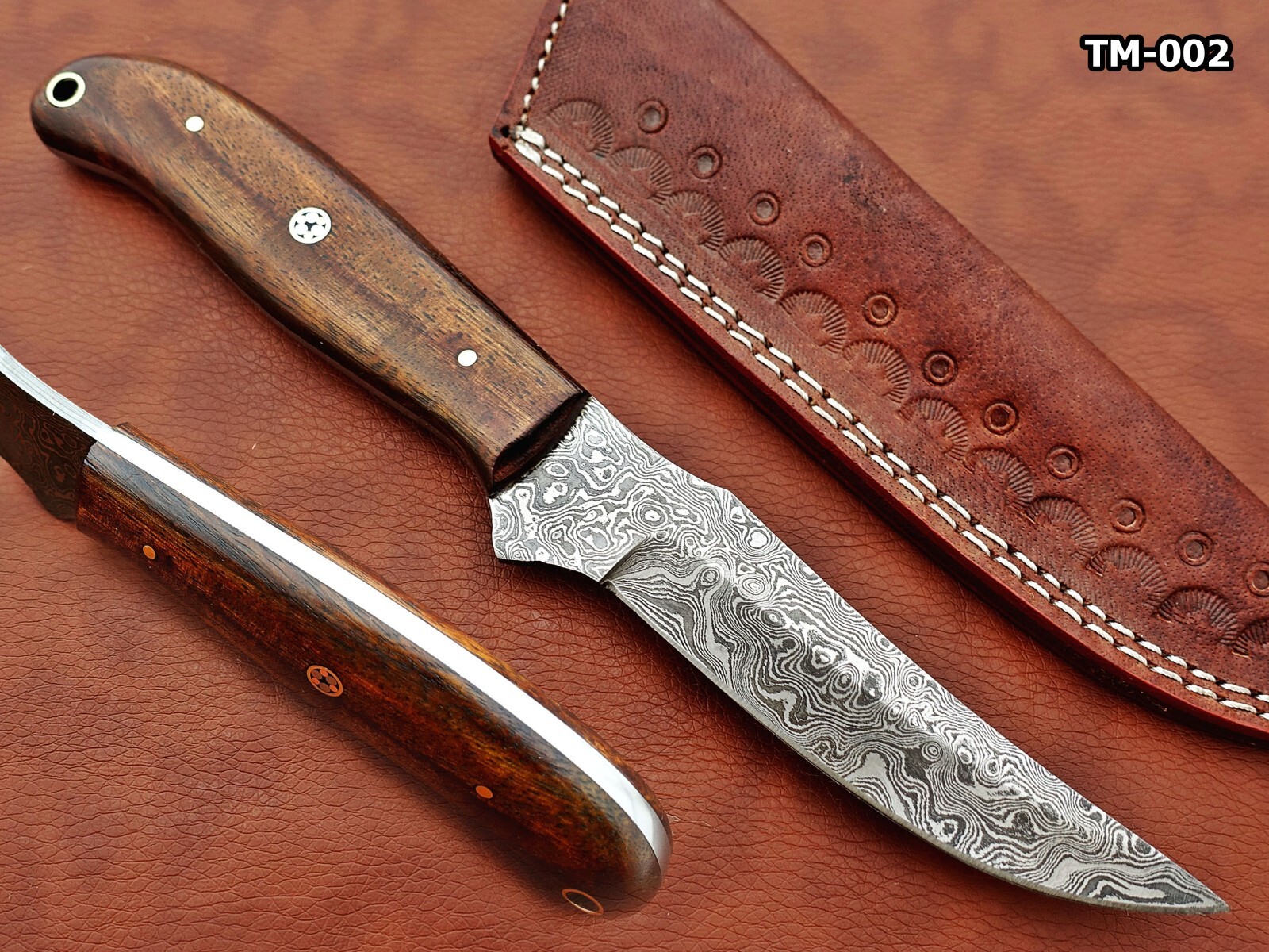 9" rain drop pattern Damascus steel blade skinning knife with sheath, Kow wood