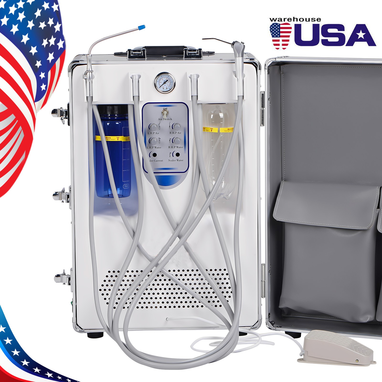 Portable Dental Delivery Unit Rolling Case Air Compressor Syringe Suction 4Hole