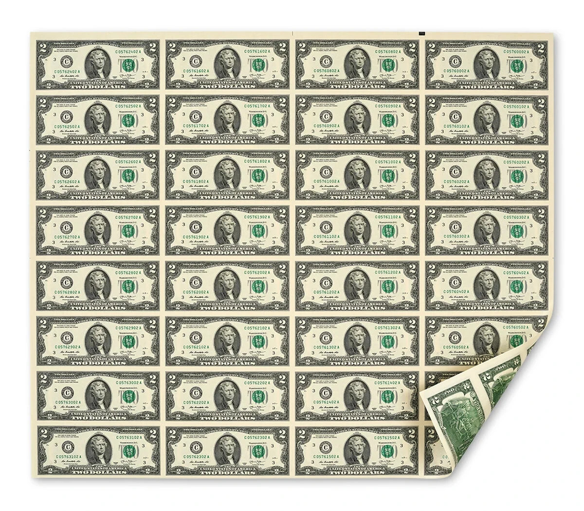 Uncut  Sheet of (32) U.S. $2 Two Dollar Bills NEW Item #1102.