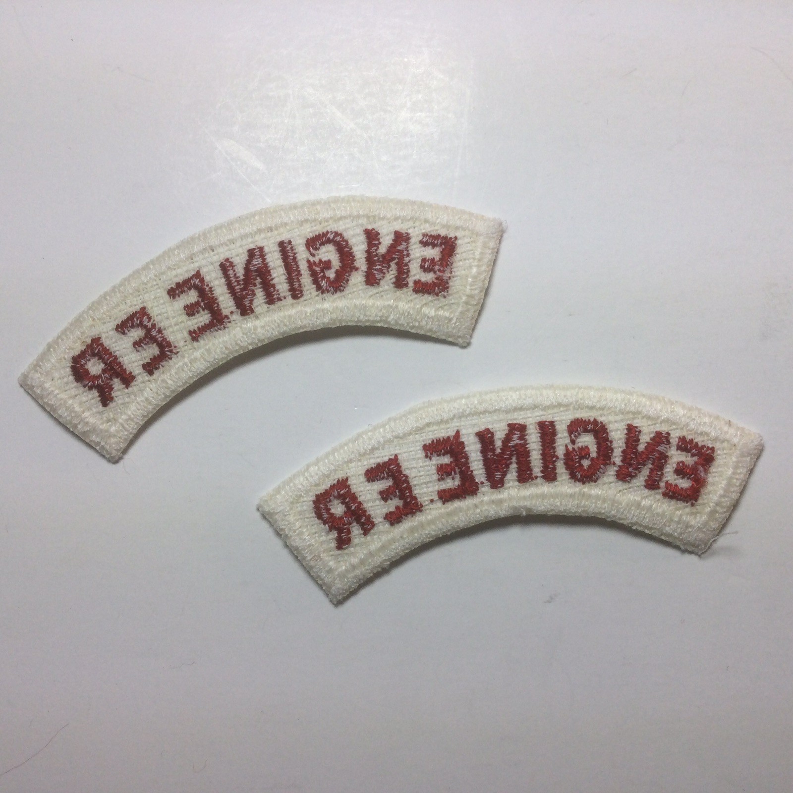 (2) ENGINEER Upper Rocker Patch - Red on White Twill NOS *WHITE BORDER*