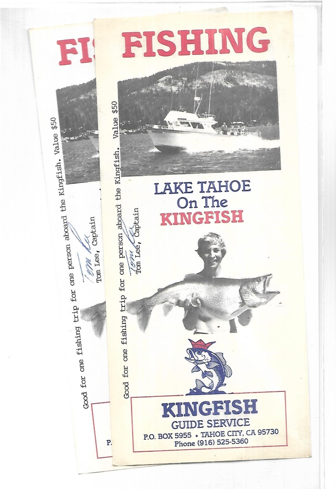 2 VINTAGE Lake Tahoe FISHING TRIP TICKETS on the KINGFISH C1985