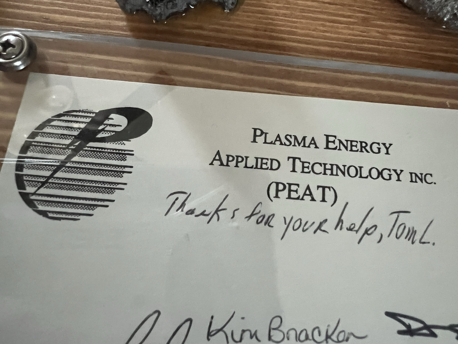 Vintage PEAT Plasma Energy Applied Technology Inc Presentation Plaque Signed