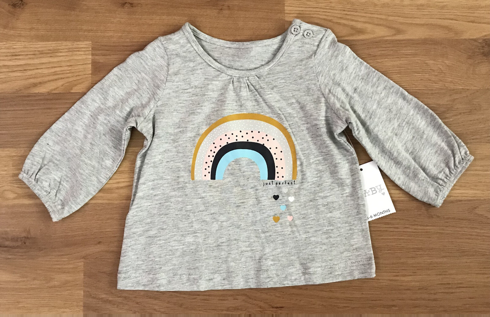 Matalan Long Sleeve T-Shirt Girls 3-6 Months Grey Just Perfect”Rainbow Buttons