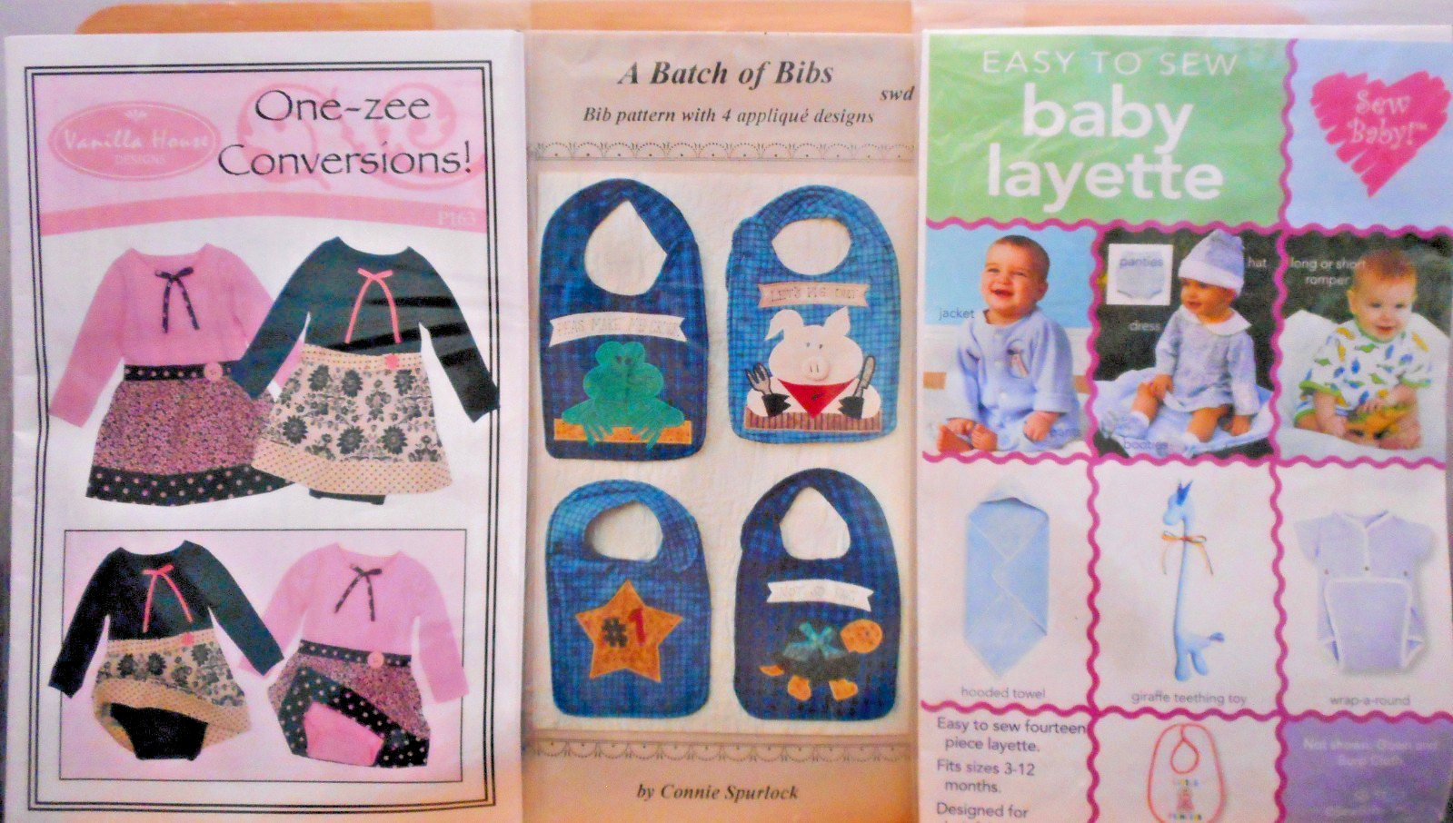 3 New Baby Patterns-One-Zee Conversions-Batch of Bibs-Easy Baby Layette #115 UC