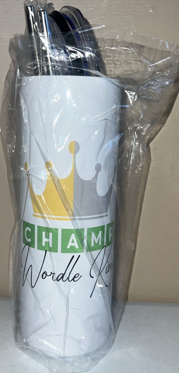 Champ Wordle King Wordle Skinny Tumbler 20Oz Travel Cup Lover Gift Straw New 🍀