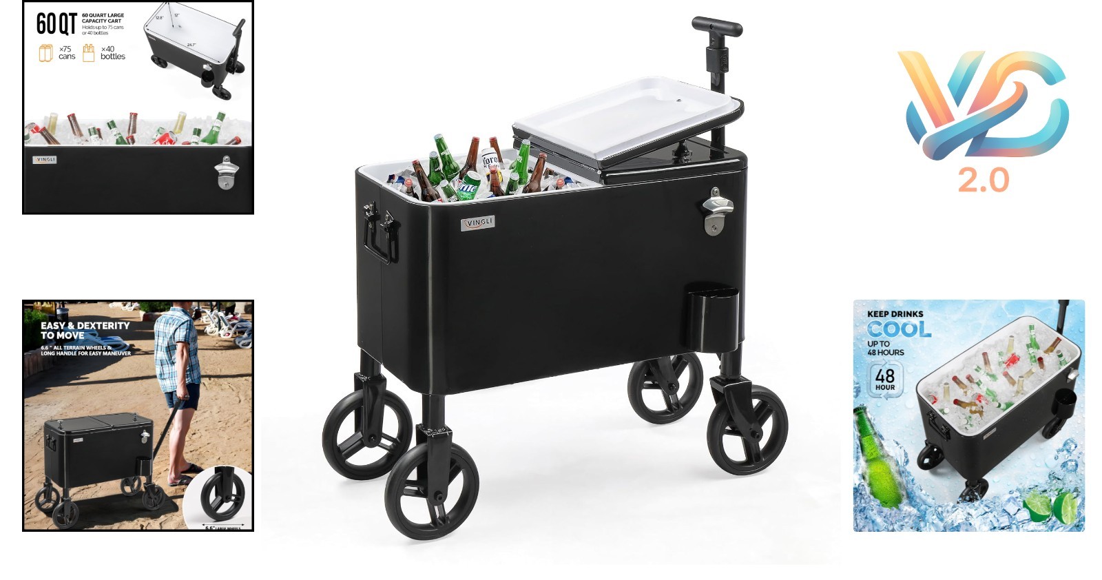 80 Quart Rolling Cooler Ice Chest with Wheels and Long Handle Black
