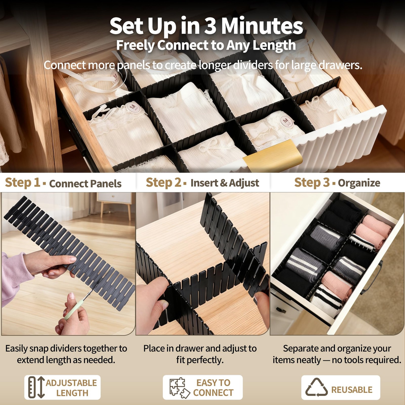 Drawer Divider Adjustable Diy Storage Organizer Separator for Tidying Clutter...
