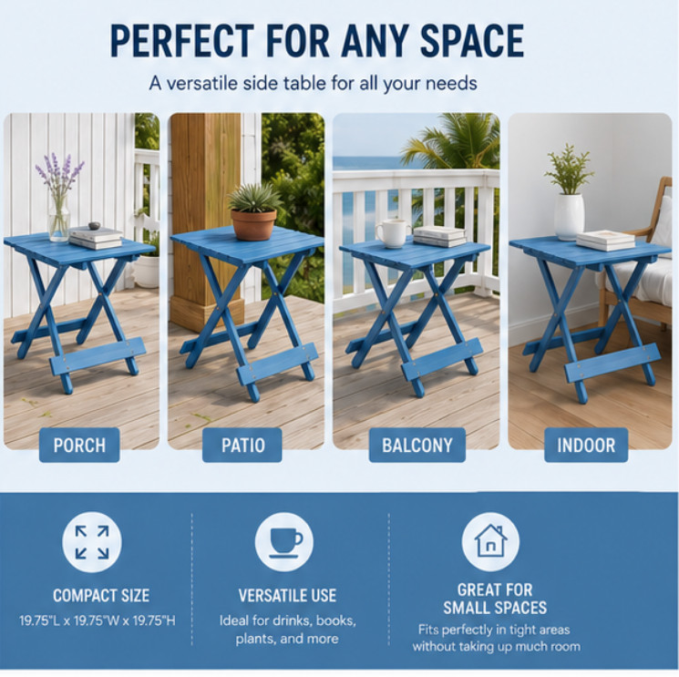 Folding Solid Wood Patio Table Portable Outdoor Square Table Blue Balcony Yard