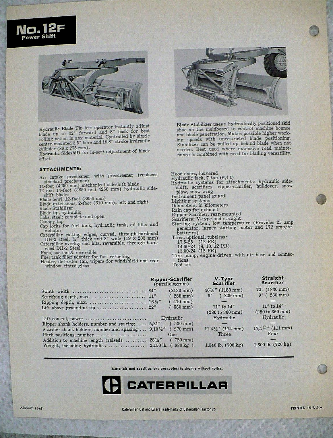 1968 CATERPILLAR MODEL 12F ROAD GRADER BROCHURE ( POWER SHIFT)