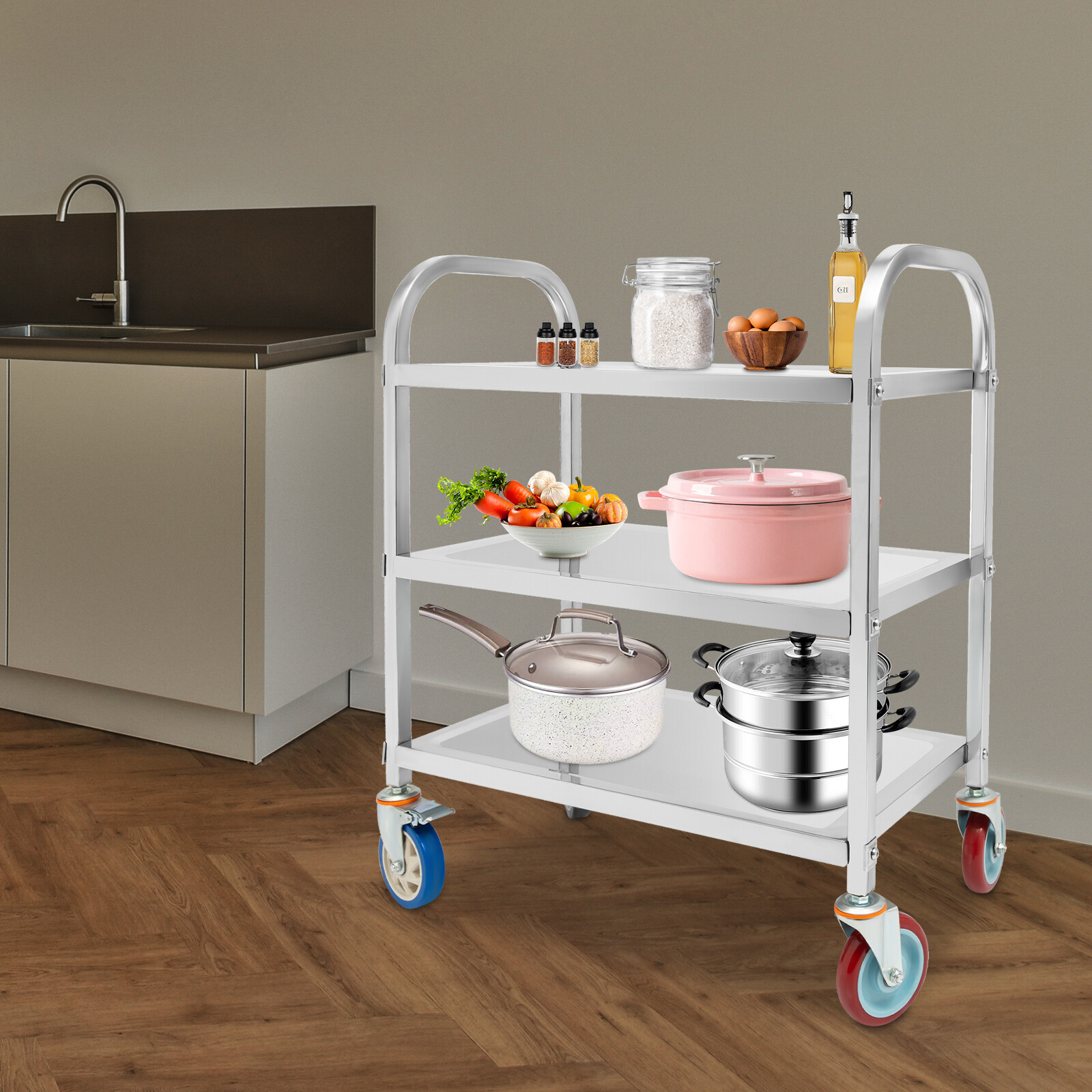 3 Tier Kitchen Trolley Utility Serve Storage Rolling Cart Stainless Steel 420lbs