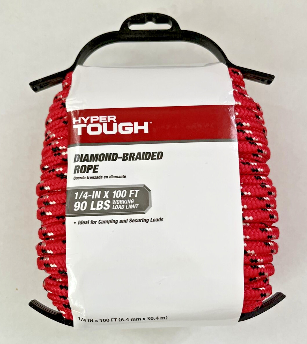 HYPER TOUGH POLYPROPYLENE DIAMOND BRAIDED ROPE 1/4" X 100', RED/BLACK *NEW
