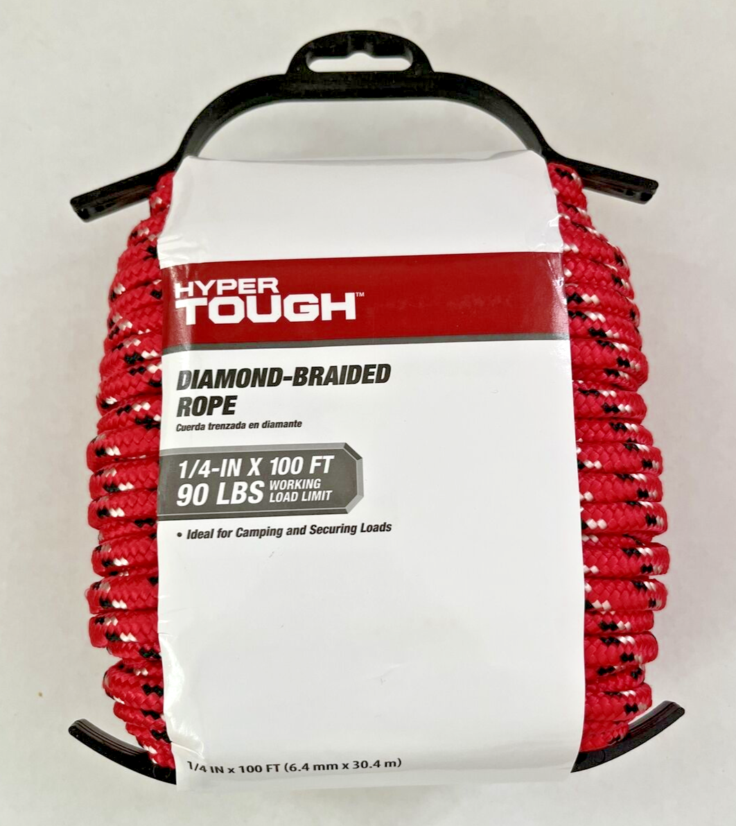 HYPER TOUGH POLYPROPYLENE DIAMOND BRAIDED ROPE 1/4" X 100', RED/BLACK *NEW