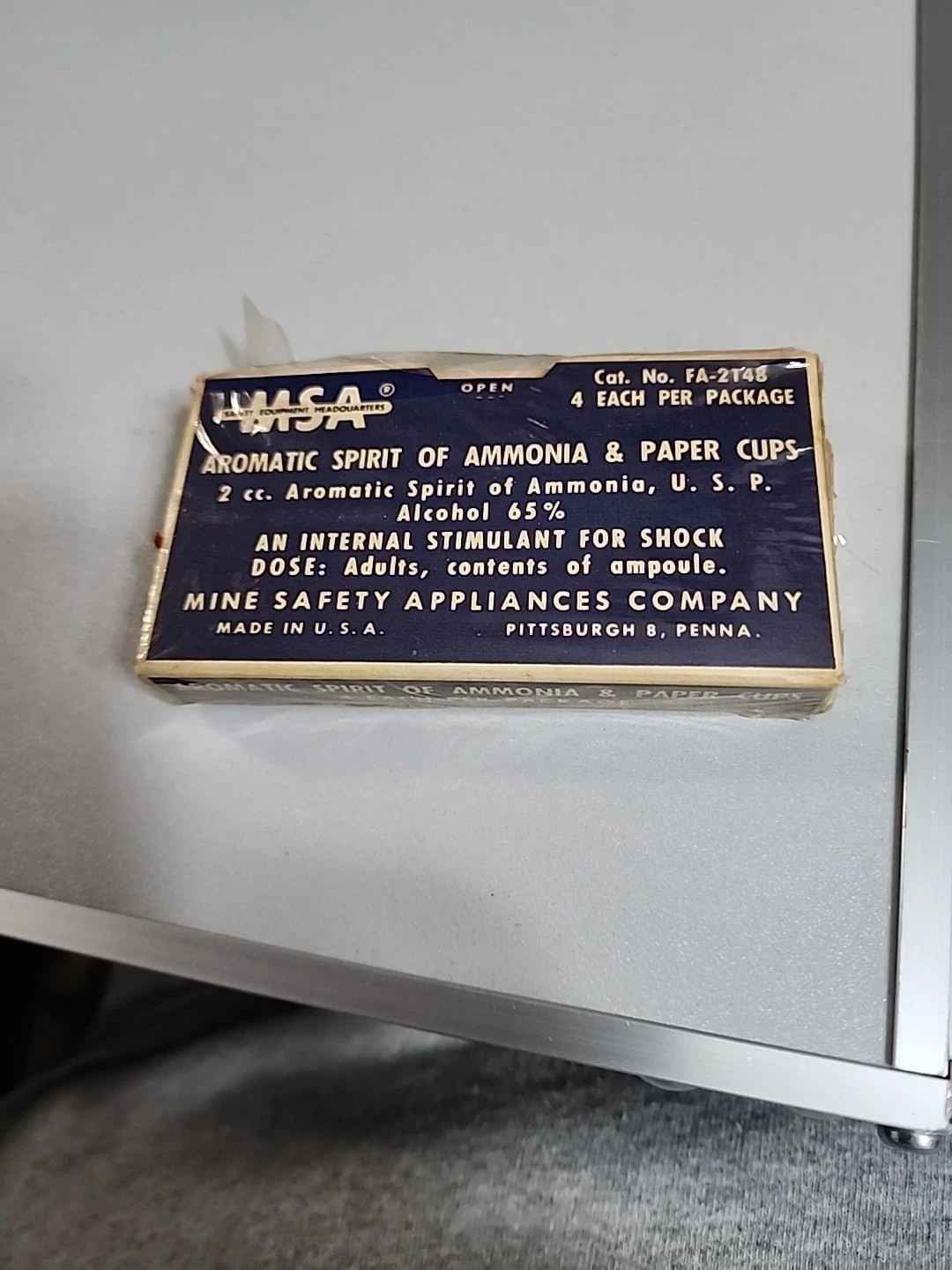 Vintage US Army MSA Box of Aromatic Spirit of Ammonia & Paper Cups NOS