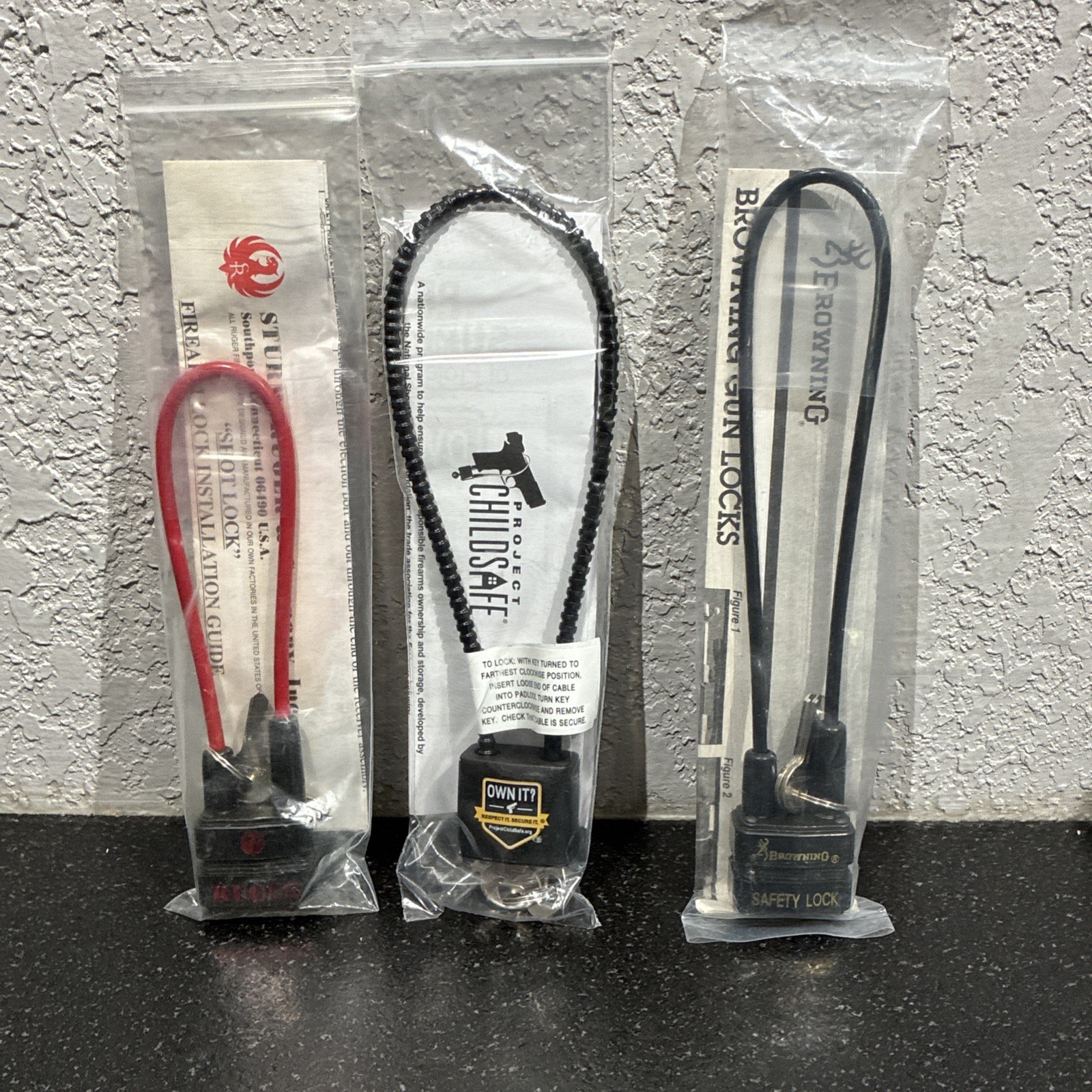 Firearm Gun Safety Cable Locks, lot of 3, NEW, Browning, Ruger,