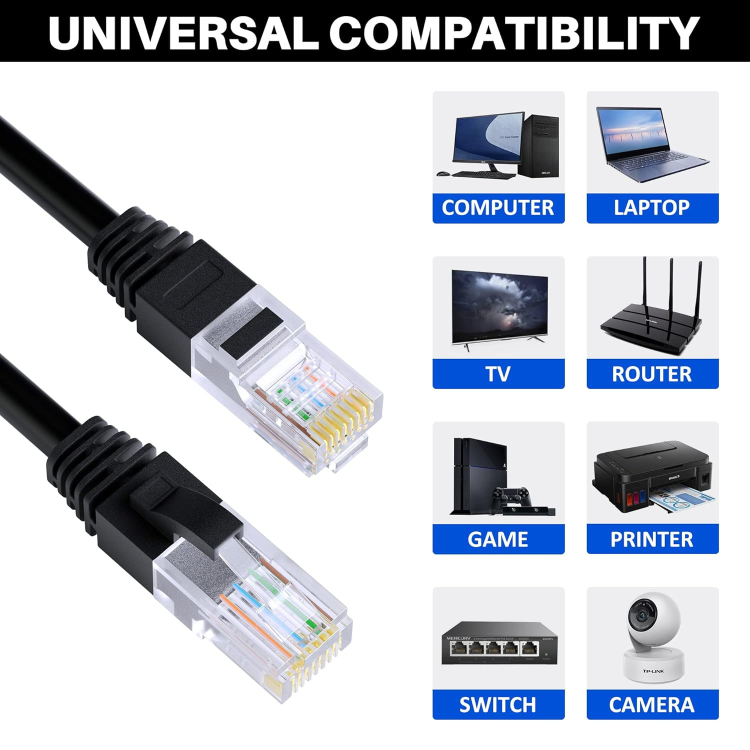 Cat5E Ethernet Cable 35 FT, Long Cat 5E Internet Cable, Black Snagless Patch Cor