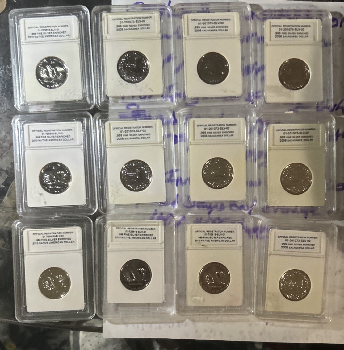Five (7) 2008  (5) 2010 Sacagawea .999 Silver Plated.  from  us mint 12 coin set