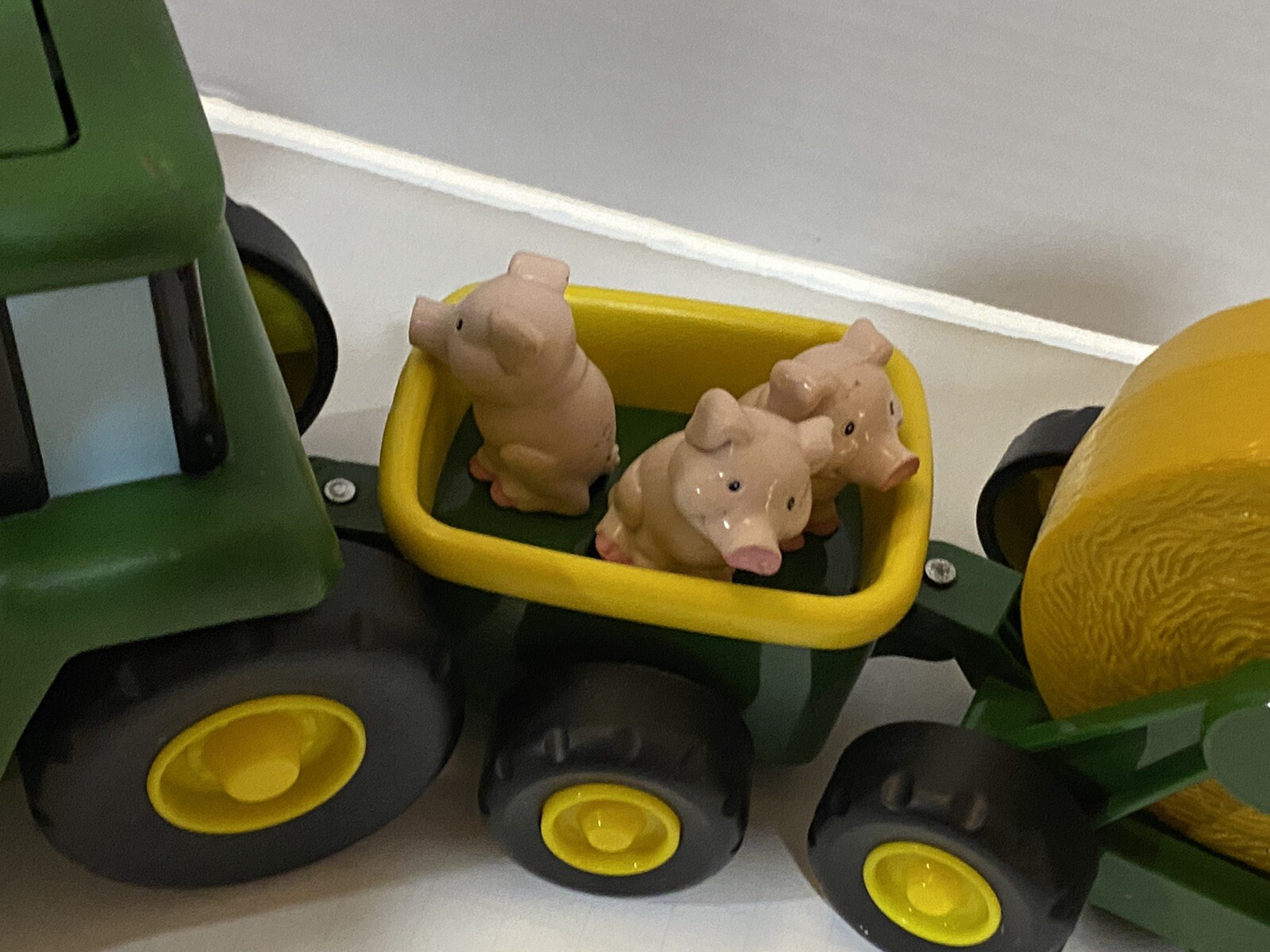 John Deere Rubber & Plastic Three Pc Tractor Set. Push Button & Music Plays