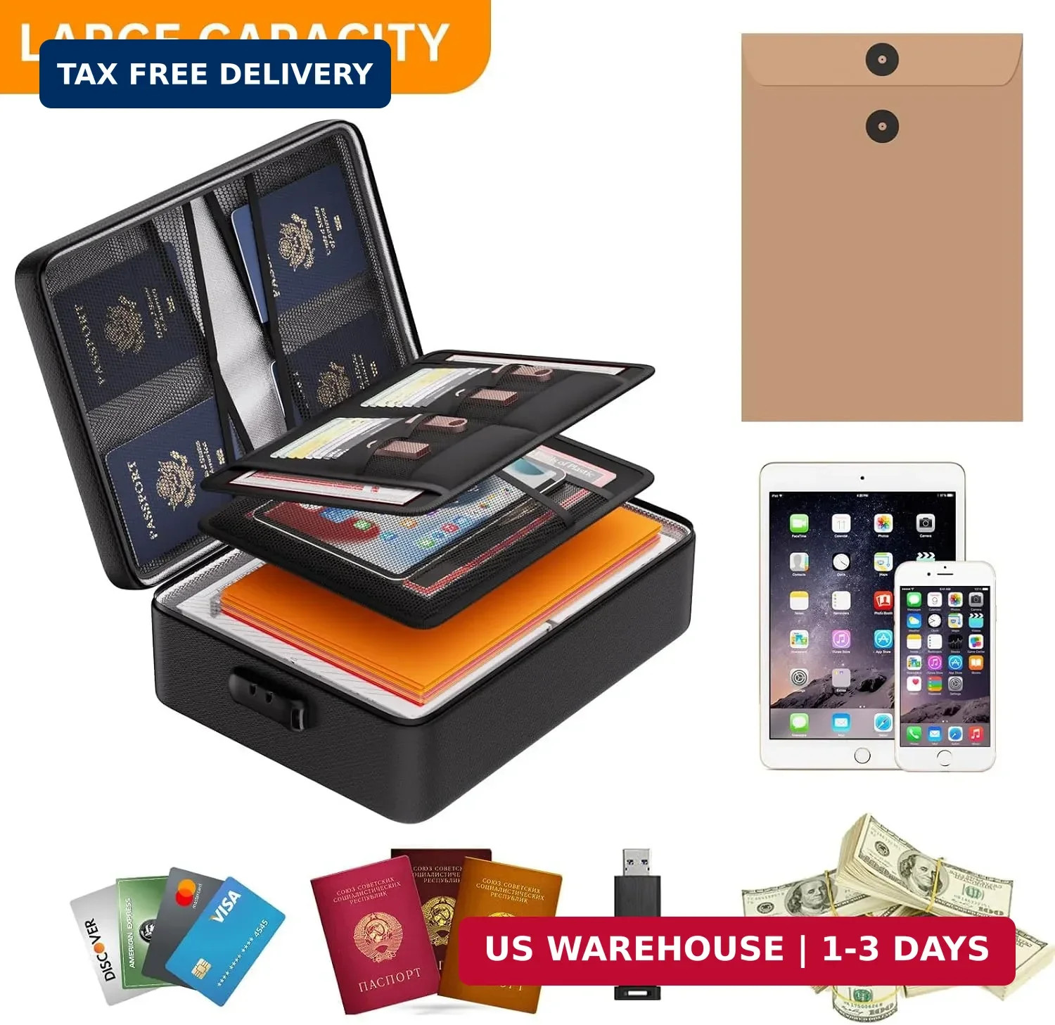 Fireproof Waterproof Document Organizer Bag with Lock 3 Layer File Storage Case