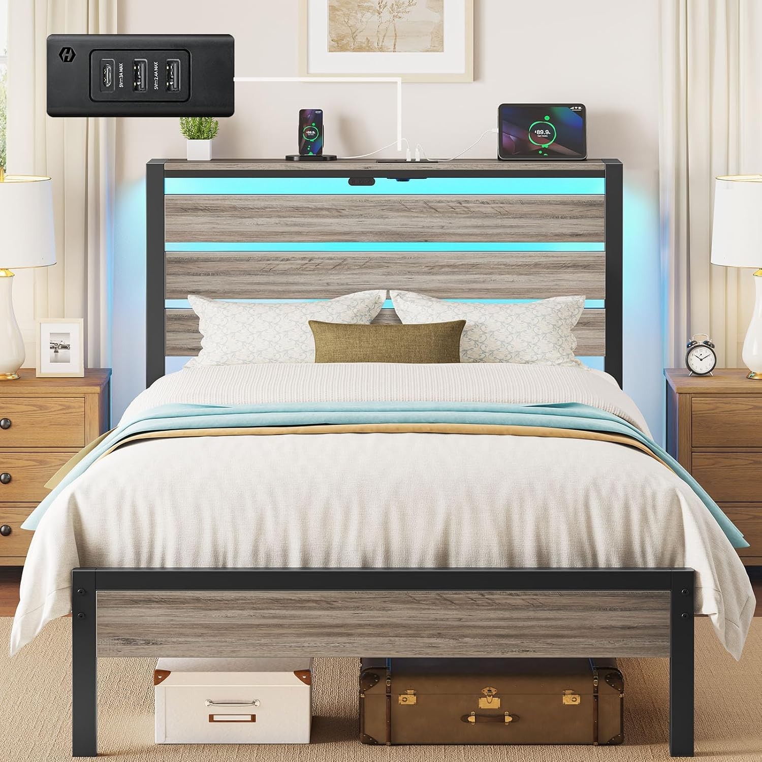 Bed Frame Twin Size W/ USB Charging Station LED Bed Frame W/ Wood Storage