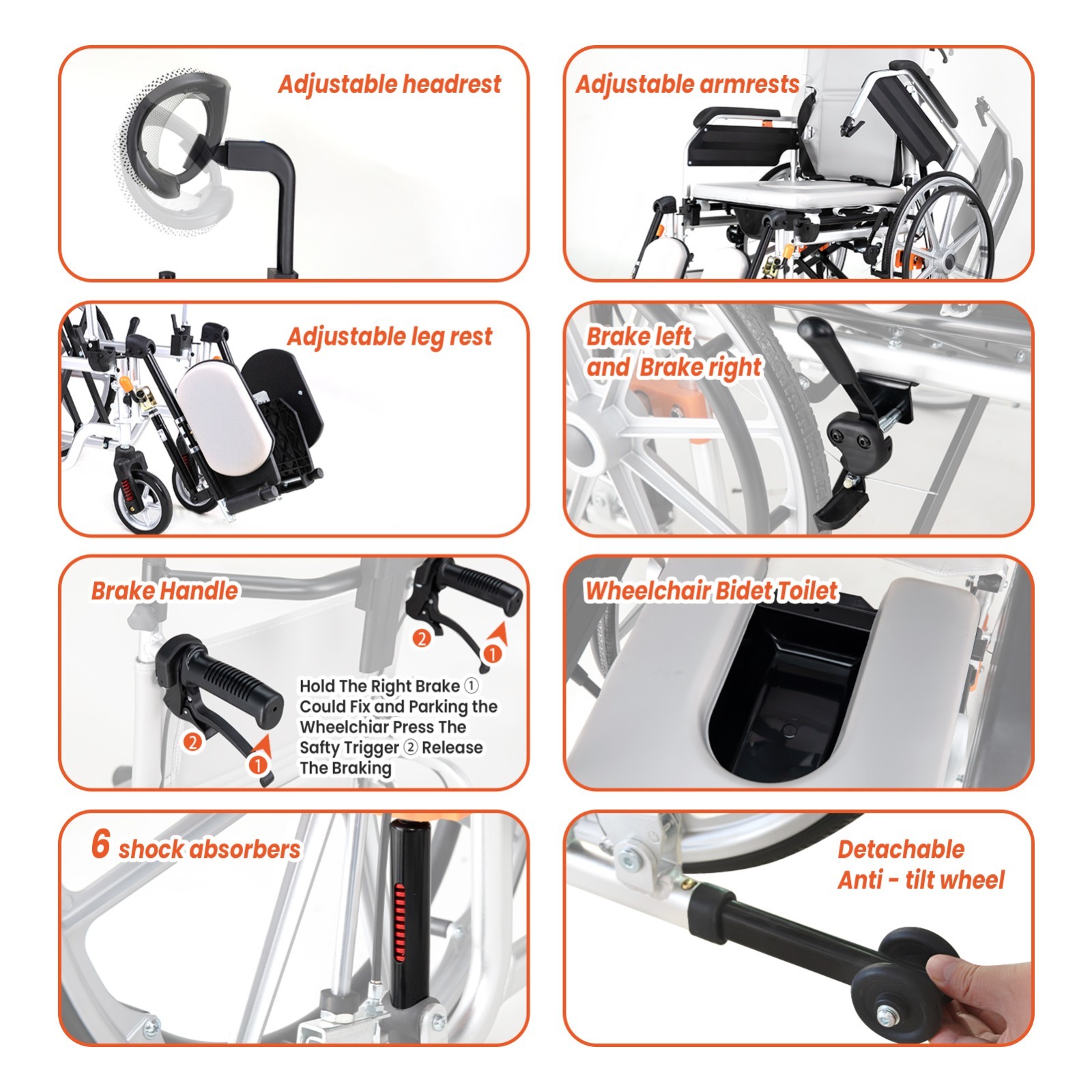 3-in-1 Multi-Purpose Wheelchair, Foldable Transport Wheelchair, Support 265 lbs