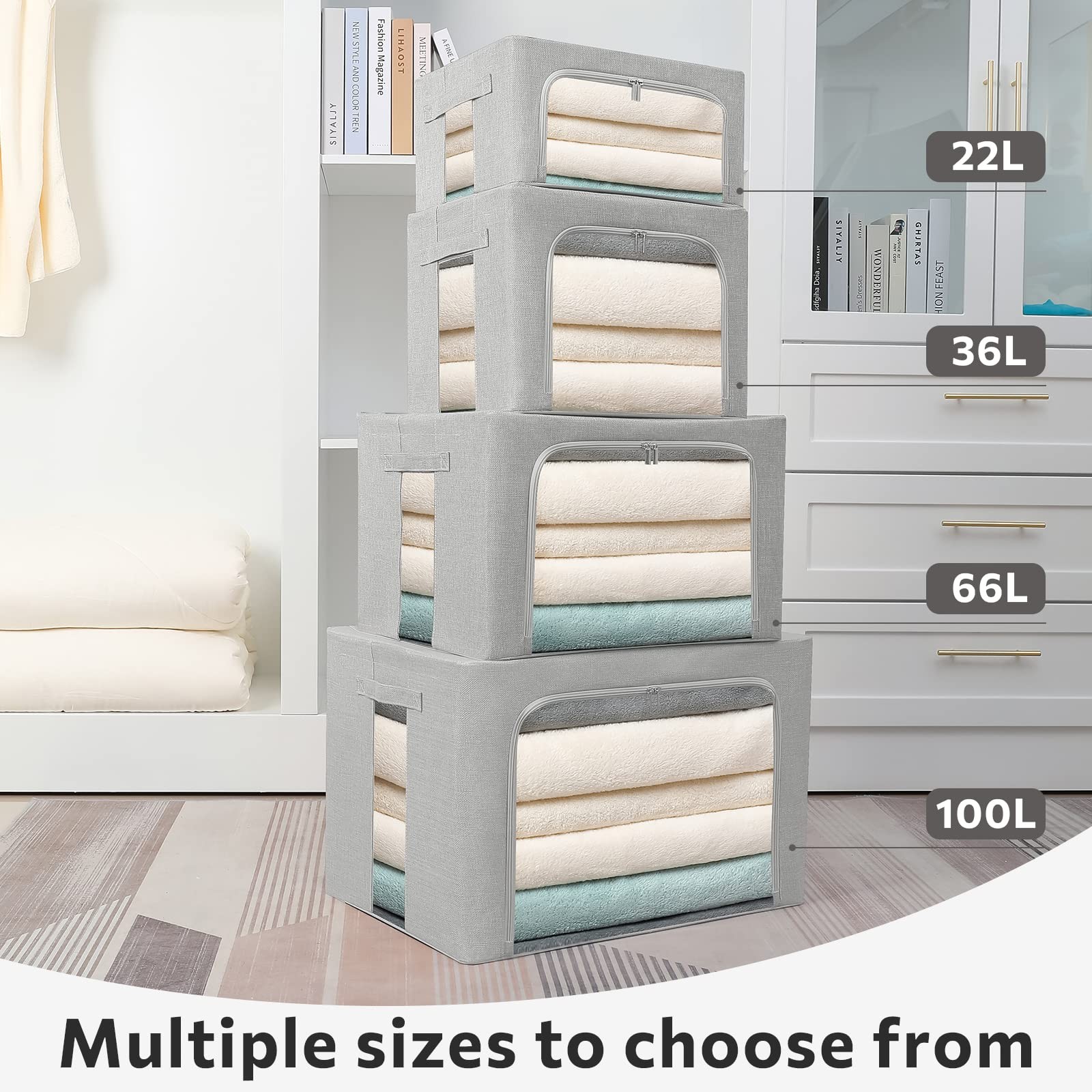 2 Pack Clothes Storage Bins Stackable Metal Frame Storage Foldable Linen Fabr...