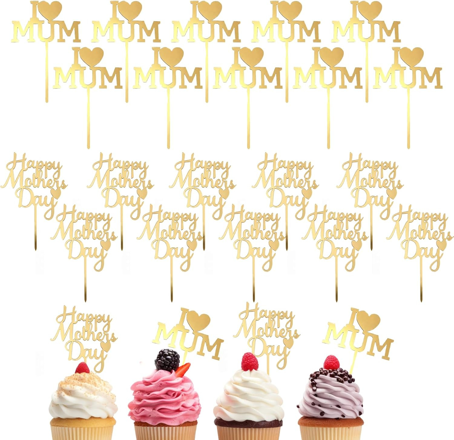 20PCS Gold Glitter Acrylic Mother's Day Cake Toppers for Celebration