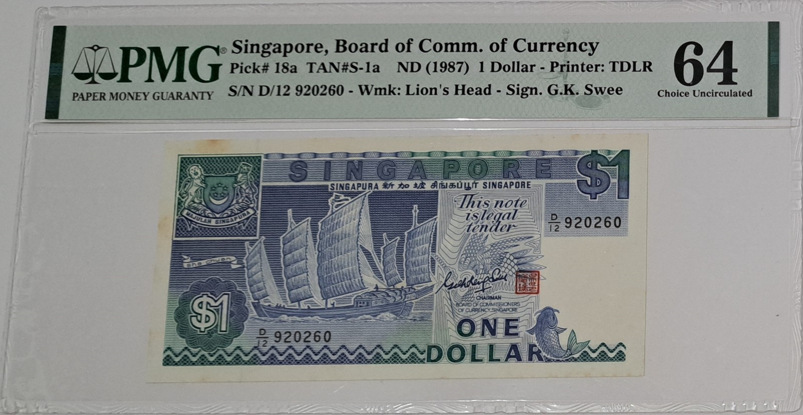 SINGAPORE 1987 Board of Comm. of Curreny $1 Dollar SN#D12920260 PMG 64 Banknote