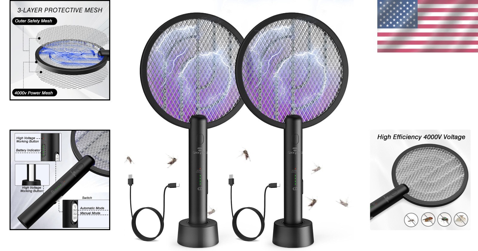 2 Mode Electric Fly Zapper Racket, USB Rechargeable - 2 Pack