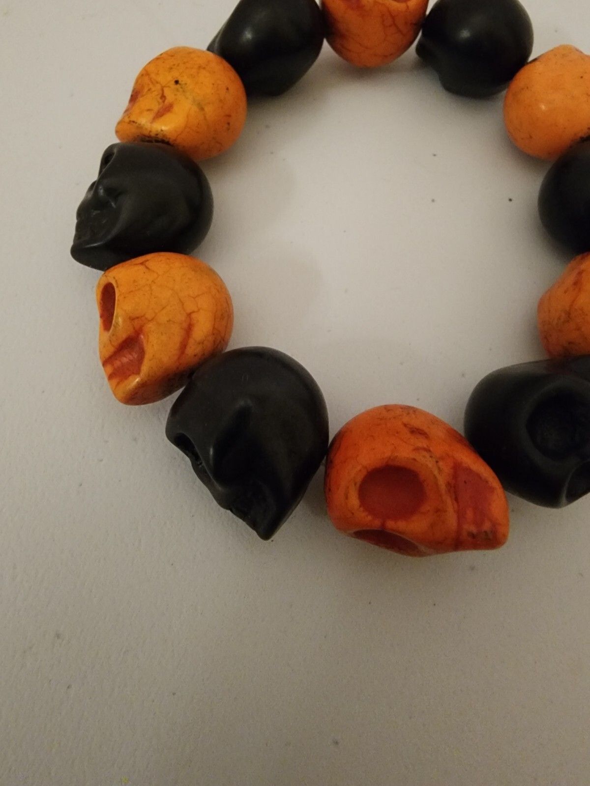 Large Black and Orange Magnesite Skull Bead Bracelet Elastic