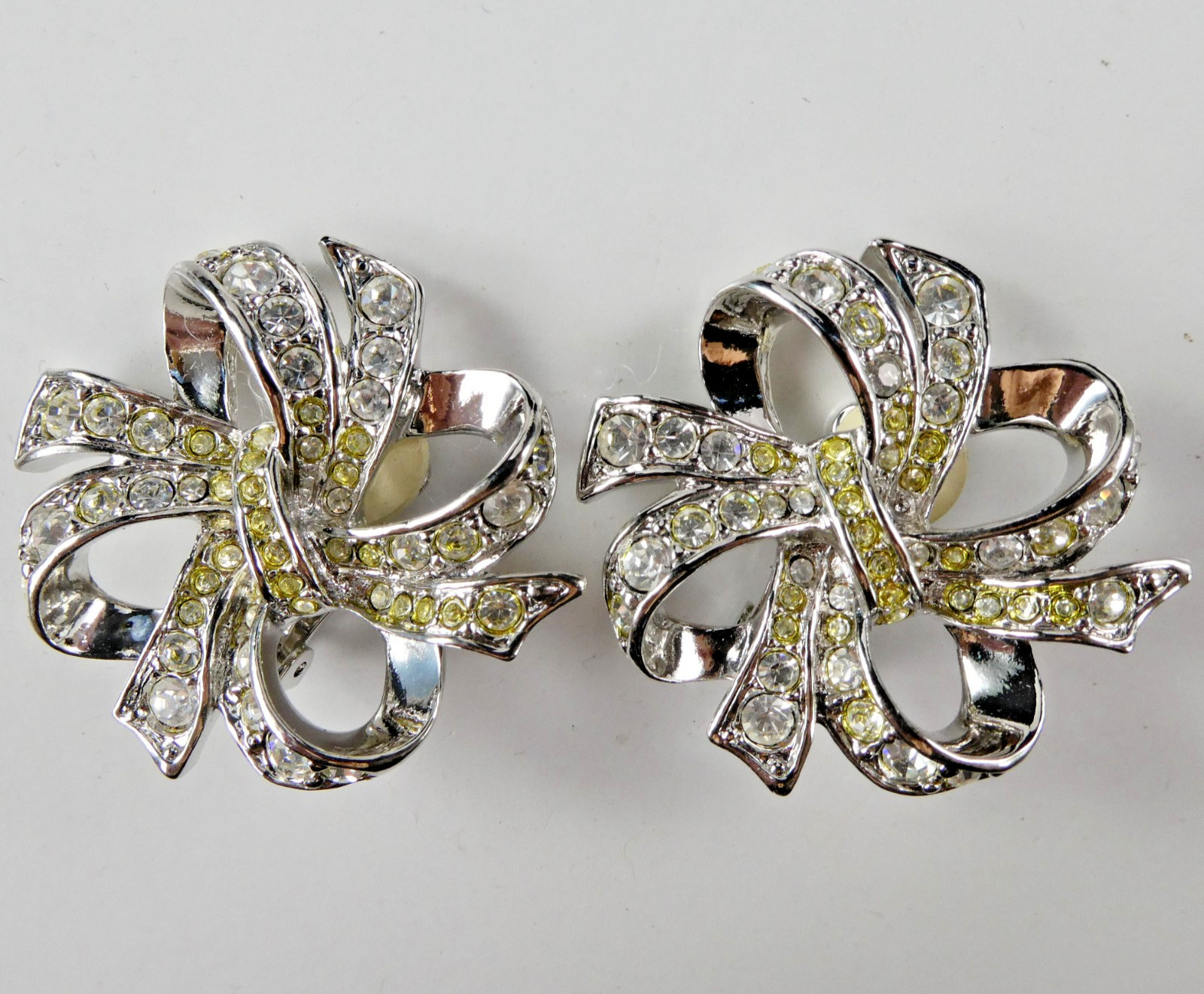 KJL For Avon Crystal Bow Ribbon Earrings Clip On Silver Tone Kenneth J Lane