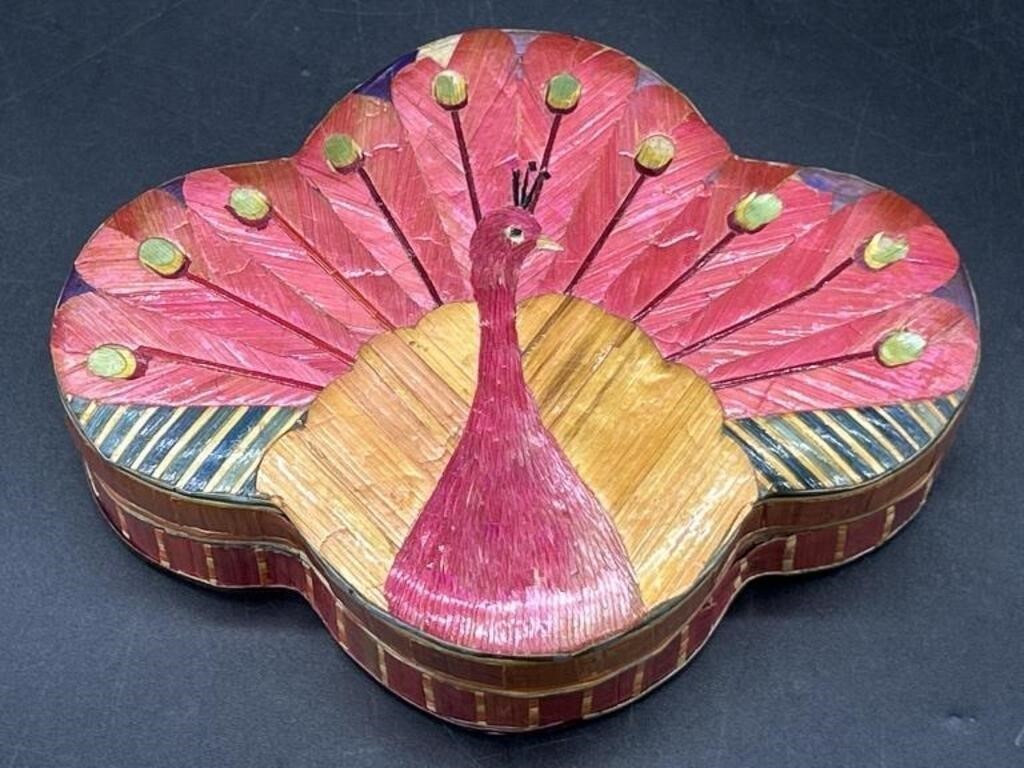 Colorful Pink Peacock Vintage Lidded Box