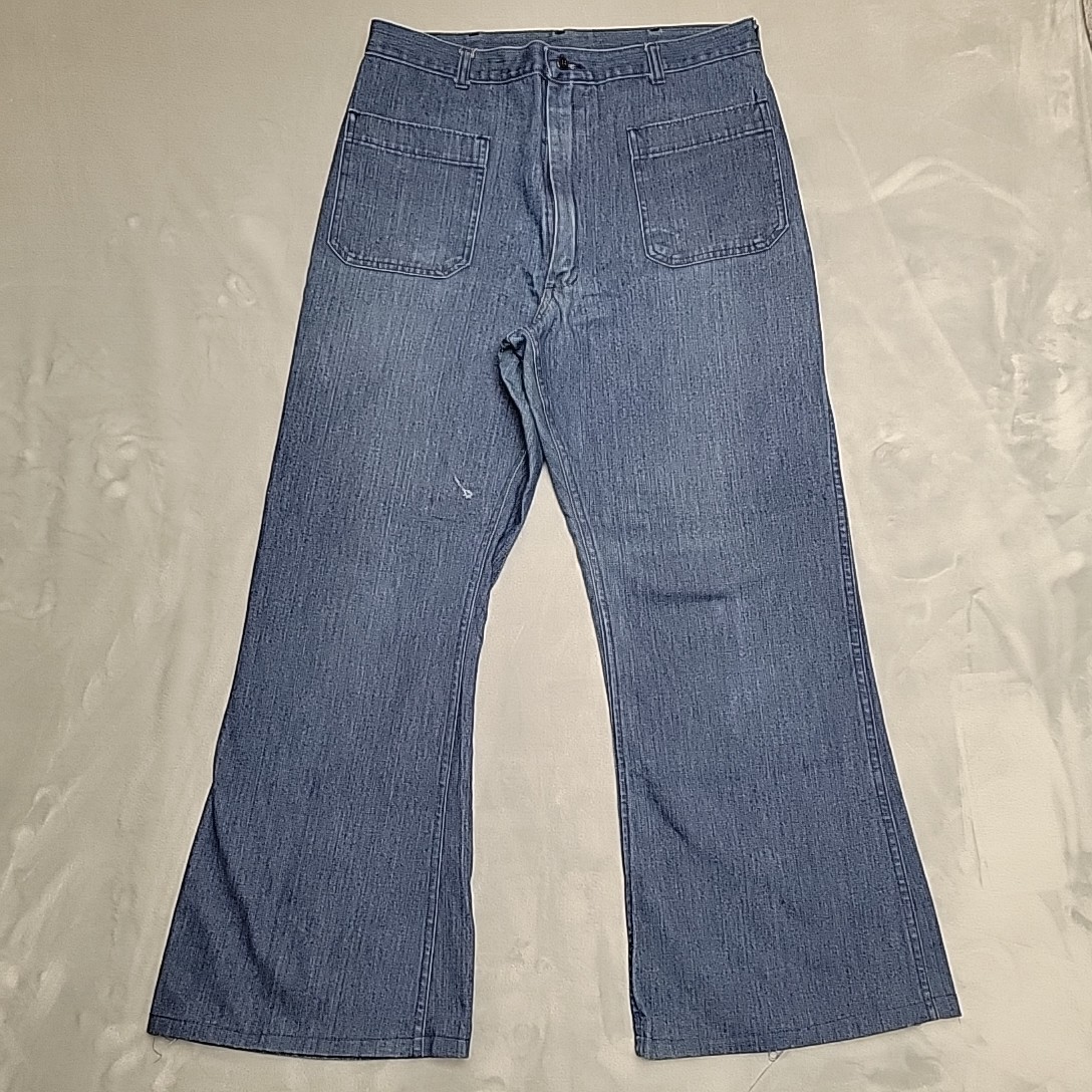 Vintage Navy Pants Men 35XL (32x28) Blue Denim Trousers Utility 80s Flare Retro