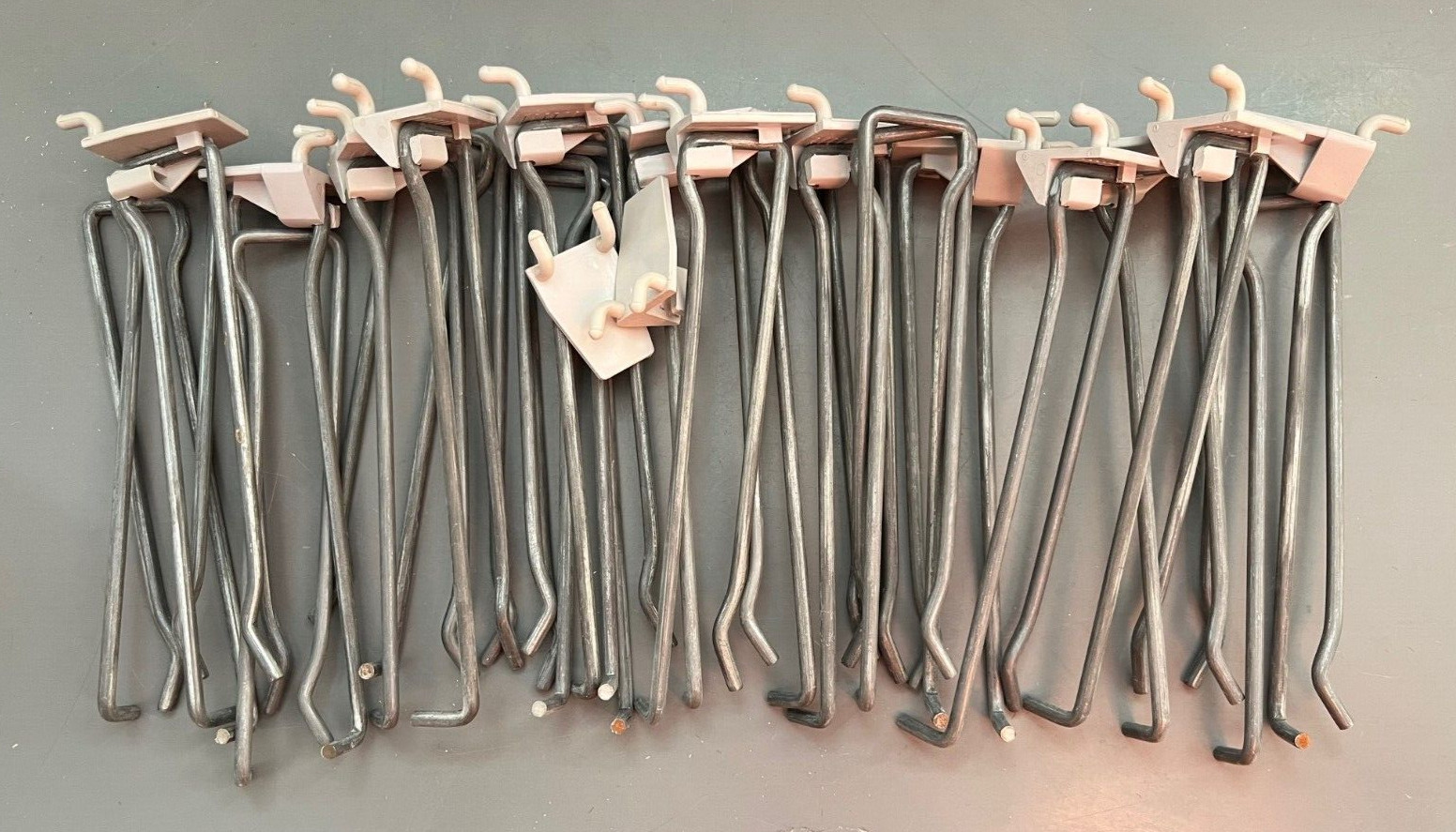 lot (24) Double post 7 3/4" long PEGBOARD HOOKS w/ Gray plastic hanger Garage