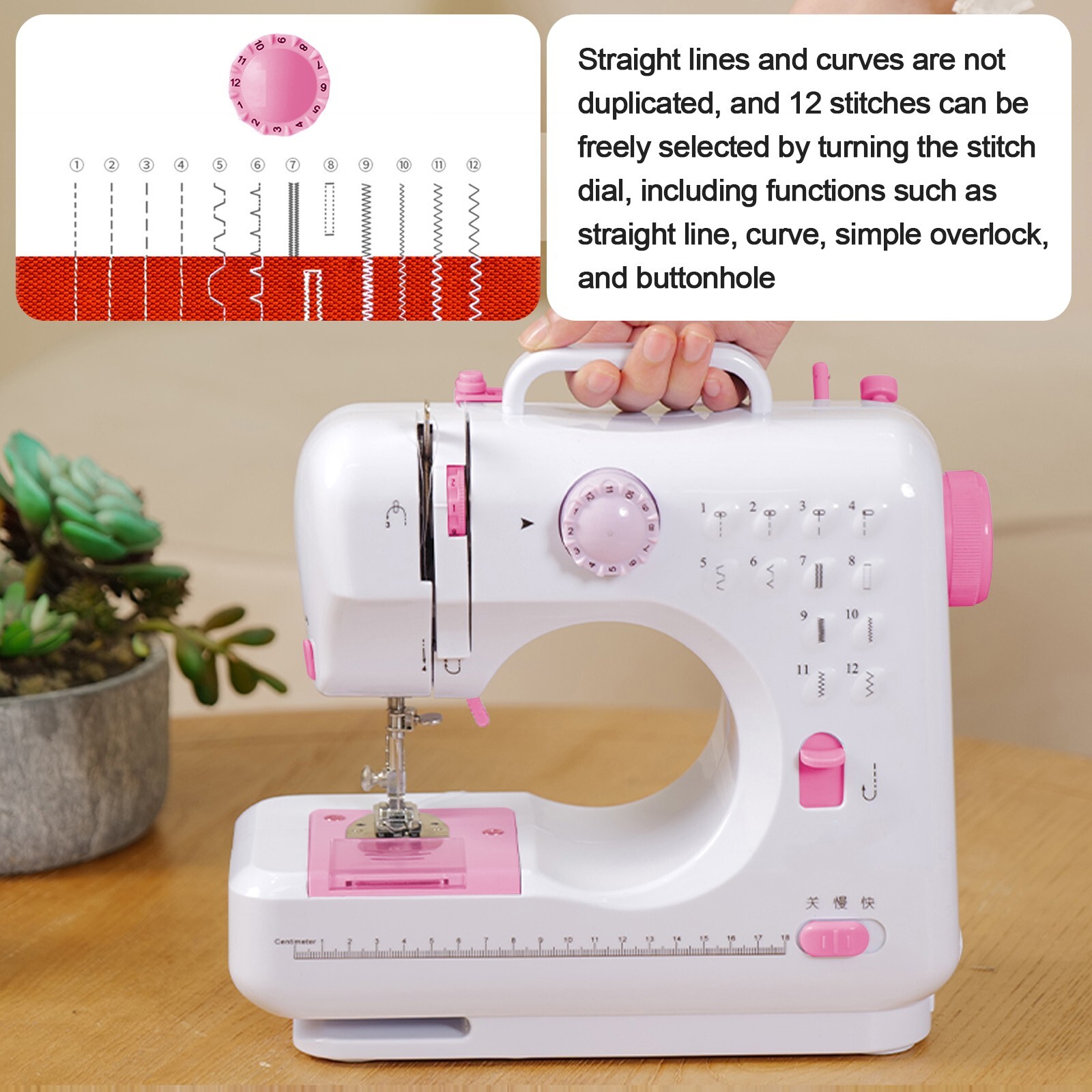 Mini Electric Sewing Machine 12 Stitches Double Thread Portable US Plug Pink