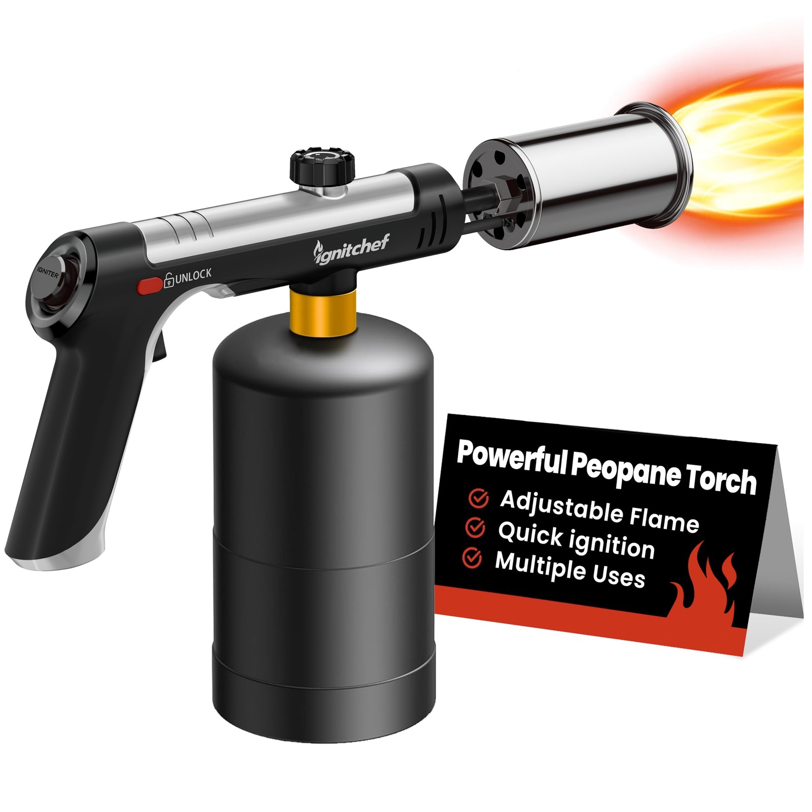 Propane Torch Gun with One-Touch Max Fire, Kitchen Blow Torch with a Safety L...
