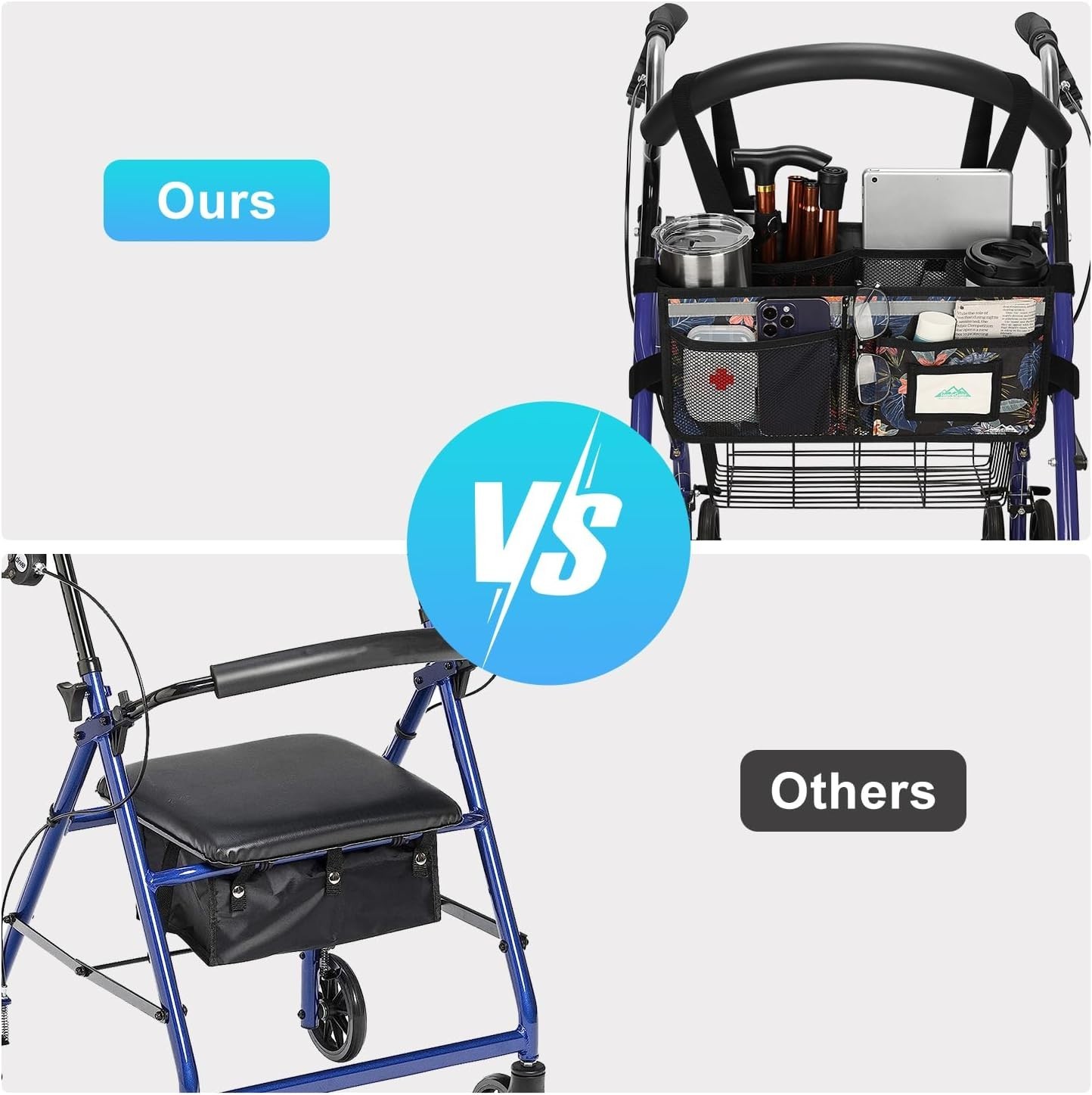Rollator Basket, Rollator Walker Bag w/Cup Holder, Foldable Rolling Walker Wa...