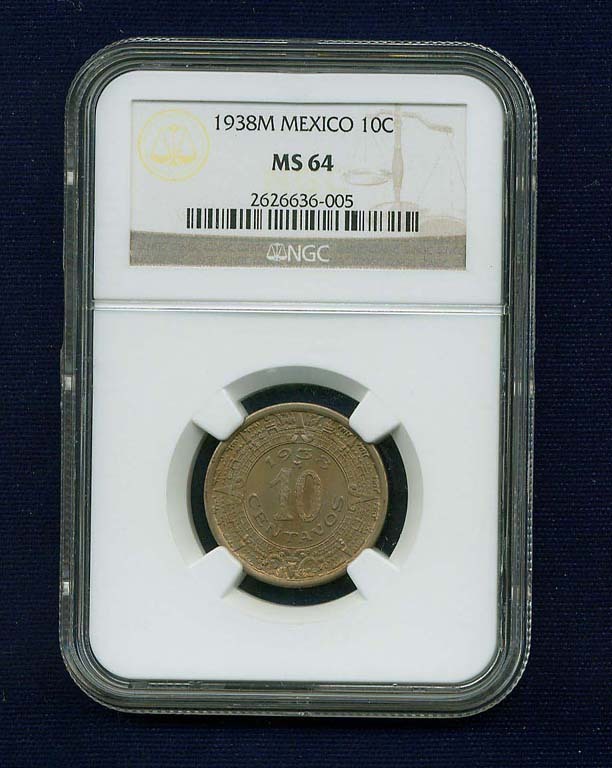 MEXICO ESTADOS UNIDOS 1938 10 CENTAVOS COIN CERTIFIED UNCIRCULATED NGC MS-64