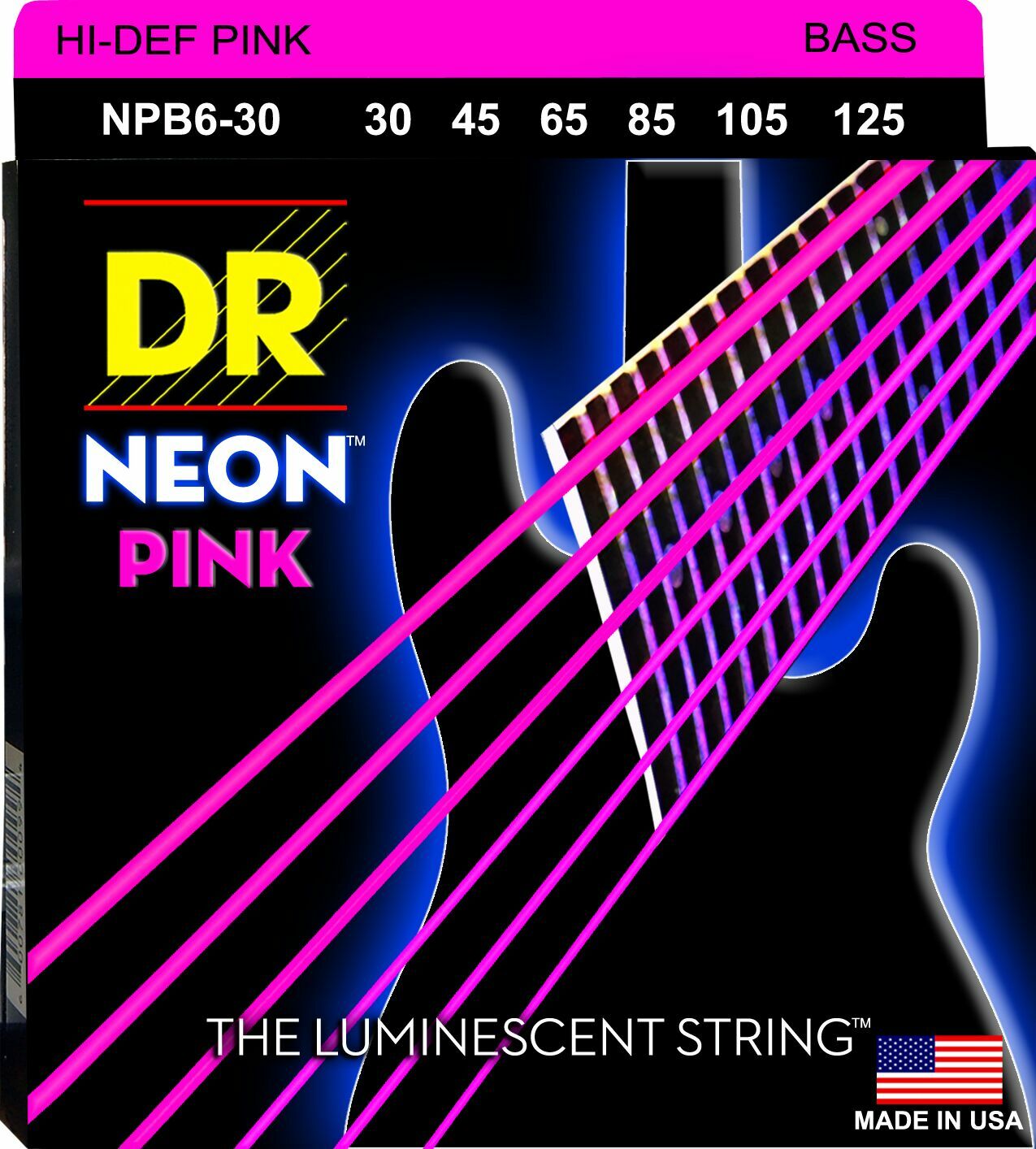 DR NPB6-30 Neon Pink Bass Guitar Strings;  6-String set gauges 30-125